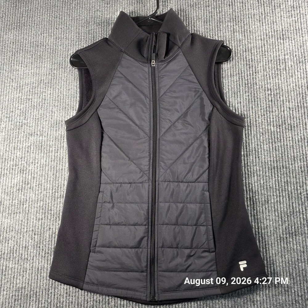 Fila Sport Womens Black Quilted Hybrid Full Zip Fleece Lined Vest Size Medium